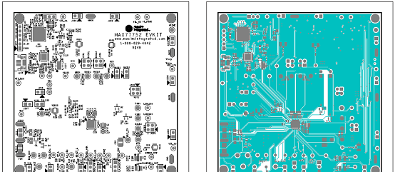 评估板MAX77752 EVK PCB设计图(1):左:顶层元件丝印;右:顶层布局 评估板MAX77752 EVK PCB设计图(1):左:顶层元件丝印;右:顶层布局