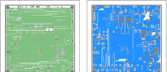 评估板MAX77752 EVK PCB设计图(2):左:内层3;右:底层布局 评估板MAX77752 EVK PCB设计图(2):左:内层3;右:底层布局