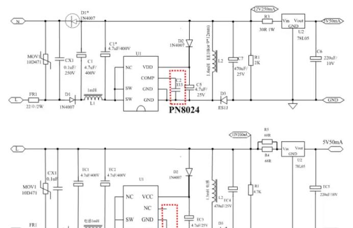 基于pn8034/pn8044 ac-dc电源芯片的3-6w高性能精简的12v非隔离