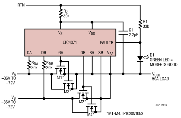 LTC4371雙負電壓理想二極管“或”控制器和監視器