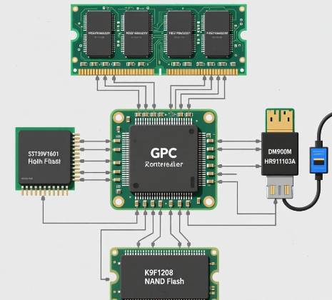 基于Linux和16/32位RISC微处理器S3C2440AL+HY57V561620FTP芯片+SST39VF1601 NOR Flash+DM9000网卡芯片+网络变压器HR911103A+K9F1208 NAND Flash的GPC控制器设计方案