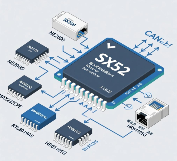 基于CAN总线 SX52单片机+网络驱动芯片NE2000+MAX232CPE芯片+以太网驱动芯片RTL8019AS+耦合隔离滤波器HR61101G的嵌入式Web服务器设计方案