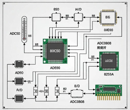 基于80C52单片机+AD590温度传感器+A/D转换器件ADC0808+8255A接口芯片+锁存器74L373的电加热数字恒温控制系统设计方案