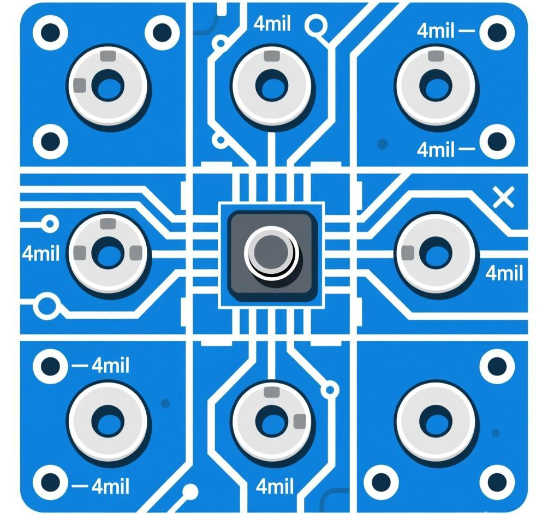 pcb如果焊盘采用 4mil 间距4mil 设计；做一个3*3 的矩阵，那么最中心的焊盘 实际尺寸 最差会为多少？