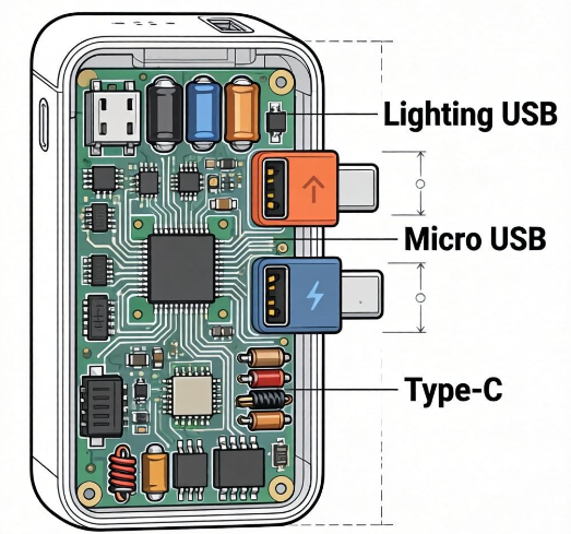 种支持lighting usb/microUSB/type-C输入的充电宝电路
