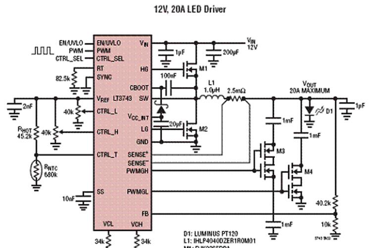 Linear LT3743 20A效率92% LED驱动方案