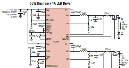 Linear LT3964双路同步降压DC/DC转换器的LED驱动器解决方案