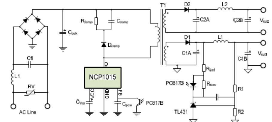 基于NCP1015主控芯片的反激变换器设计方案