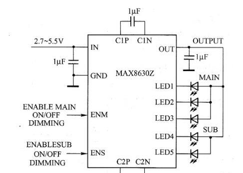 MAX8630Y/MAX8630Z电荷泵驱动白光LED电路图