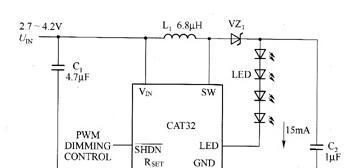 CP2126升压型DC/DC变换器驱动白光LED电路图