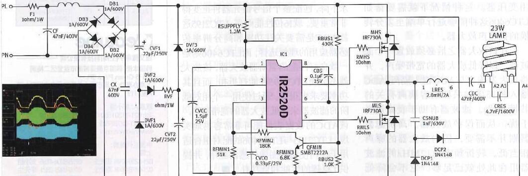 IR2520D自适应镇流器控制IC的低成本荧光灯镇流器电路图