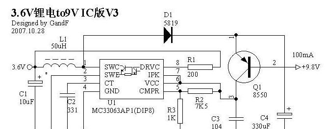 用MC34063做3.6V电转9V电路图