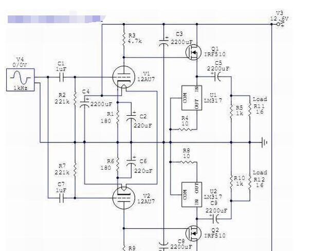 12AU7/ECC82+LM317+IRF510制作电子管耳机放大器电路图