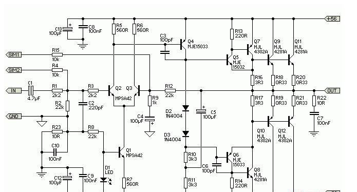 选用MJL4281A(NPN)和MJL4302A(PNP)三极管的300W音频功放电路图