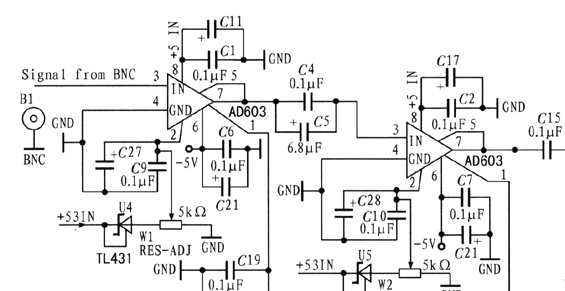 采用增益运算放大器AD603和精密运算放大器ADOP37的增益控制电路图