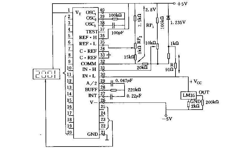 LM35与ICL7107构成的数字温度计电路图