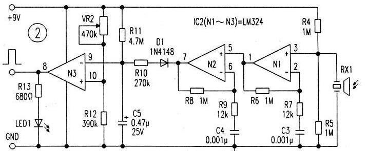采用CMOS时基电路IC7555的超声波接近探测器电路图