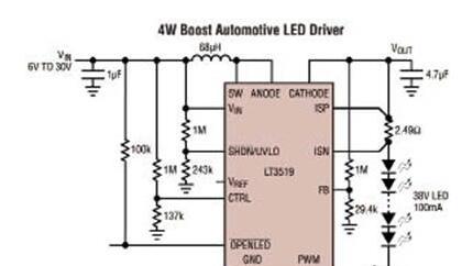 LT3519 4W LED驱动器高效率驱动LCD显示器应用方案