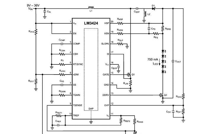 NS LM3424 恒流控制和热管理LED驱动方案