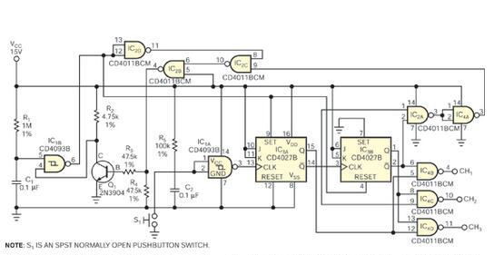 基于CD4000 CMOS逻辑系列器件的三选一的信号开关设计方案