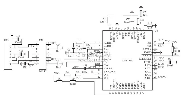 基于CO2128+DM9161收发器+TMS320LF2407DSP芯片的网络信号转换系统设计方案