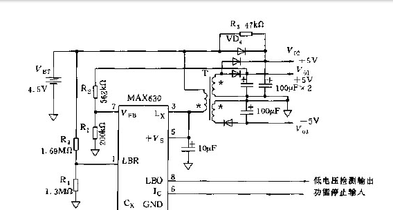 采用回扫变换器构成的微处理机电源电路图