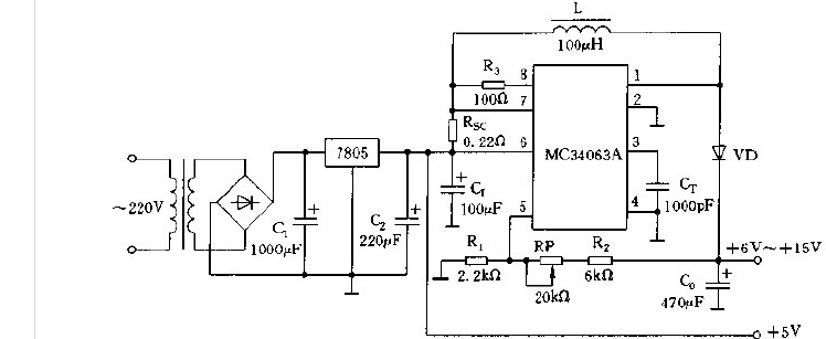 MC34063A构成的双路/三路输出稳压电源电路图