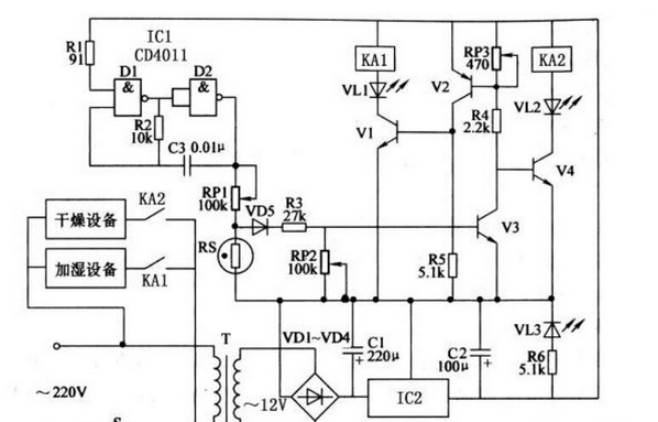 采用与非门CD4011+1N4007+MC14011构成的湿度控制器电路设计方案