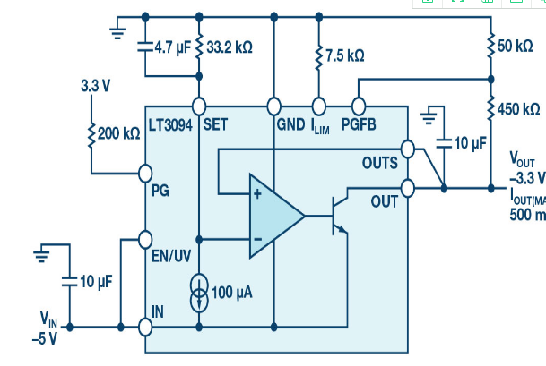 负线性稳压器在 1 MHz 下具有 0.8 μV RMS 噪声和 74 dB 电源抑制比
