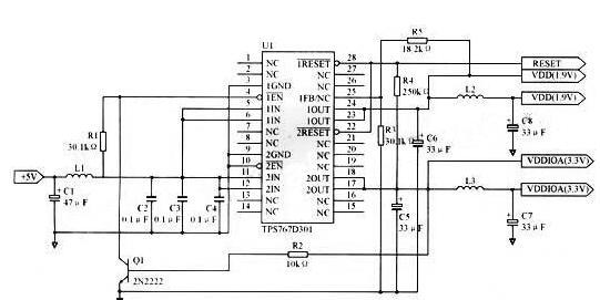 基于DSP芯片TMS320F2812+TPS767D301低压差调节器+三极管2N2222实现双路低压差电源调整器的应用方案