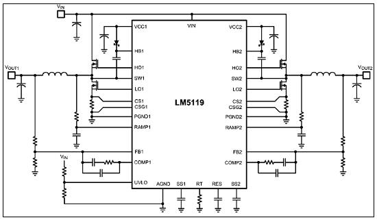 NS LM5119双路DC-DC 20A电源控制方案
