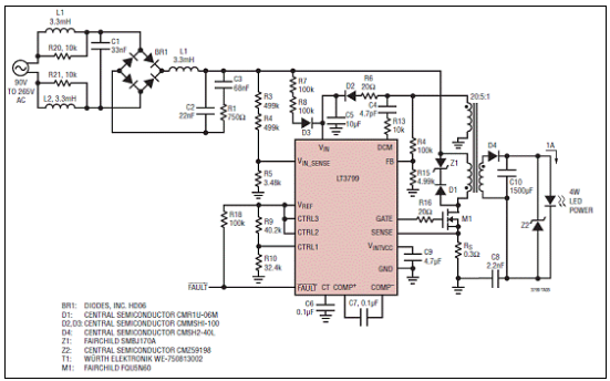 Linear LT3799带PFC离线绝缘反激LED控制方案