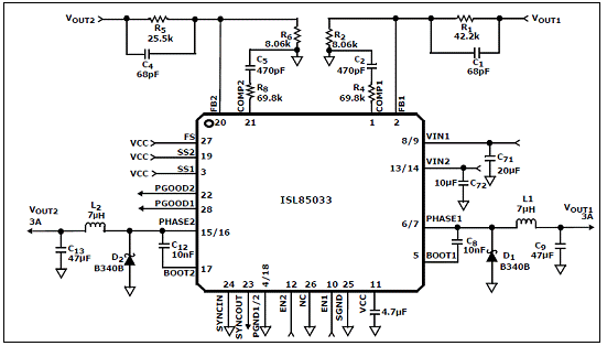 Intersil ISL85033双路3A(单路6A)降压电源解决方案