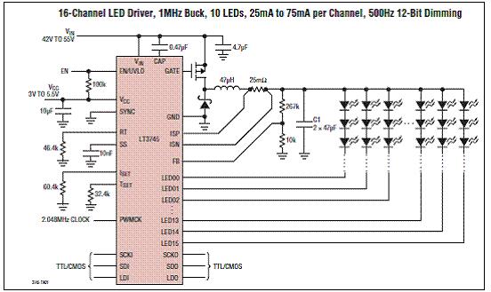 Linear LT3745 16路50mA LED驱动方案