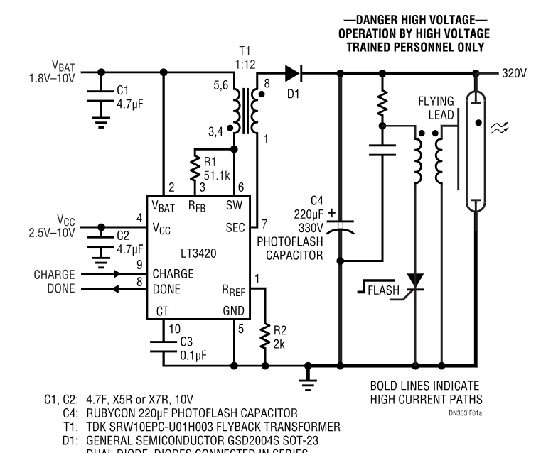 设计说明303:LT3420闪光灯电容器充电器具有快速高效充电和低电池消耗