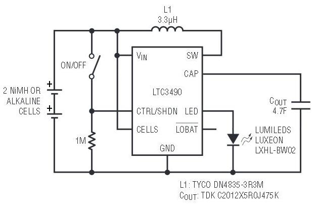 简单的LTC3490同步升压转换器驱动来自电池的Luxeon白色led