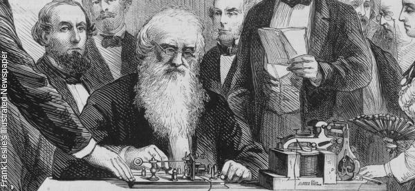 塞缪尔·莫尔斯演示他的电报。弗兰克·莱斯利插图报纸的插图，1871 年