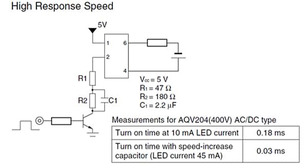自举元件 R1/R2/C1 提高 PhotoMOS 继电器接通速度的示意图
