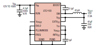 LTC7103应用电路:高效12V-100V输入,12V/2.3A输出