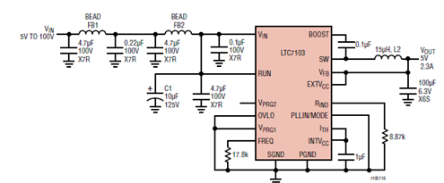 LTC7103应用电路:低EMI 5V-100V输入,5V/2.3A输出