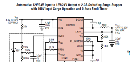 LTC7103应用电路:汽车12V/24V输入,12V/24V 2.3A输出,100V输入浪涌,0.5秒故障计时器