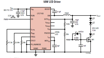 LTC7103应用电路:50W LED驱动器