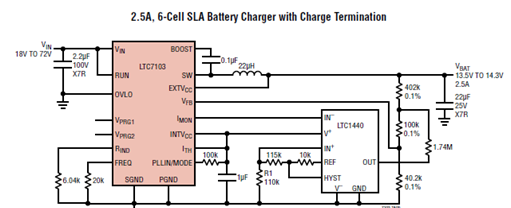 LTC7103应用电路:带充电终止的2.5A 6颗SLA电池充电器