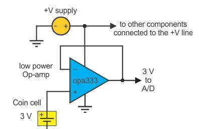 图 1 — 连接 OPA333 单位增益放大器，监控纽扣电池电压.png