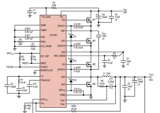 图3.LTC7821应用电路图(2):500kHz,48V/9V,20A降压转换器.png