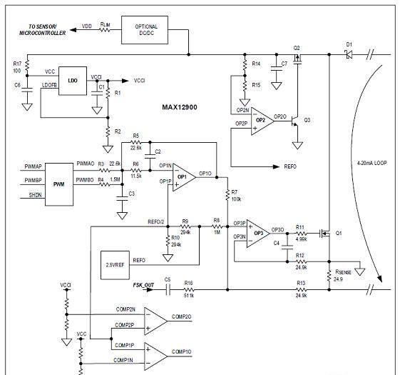 图3.MAX12900带外接电压稳压器回路供电4-20mA发送器框图.png