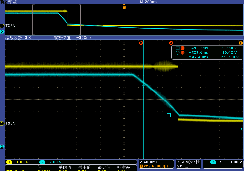 Vdown和V12P0波形(图中黄线为Vdown，蓝线为V12P0)