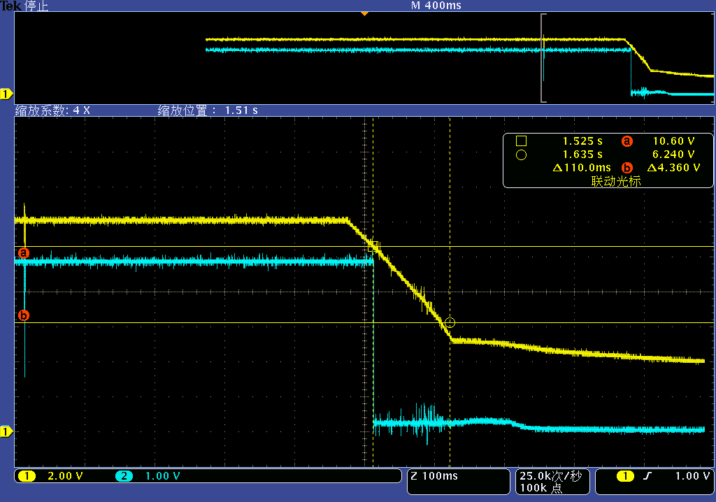 改进后的Vdown和V12P0波形(图中蓝线为Vdown，黄线为V12P0)