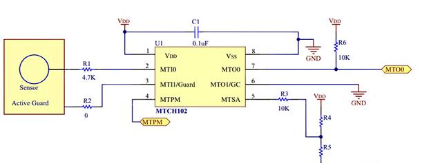 配置为单通道器件的 Microchip MTCH102，采用主动防护以实现最高的灵敏度。.png
