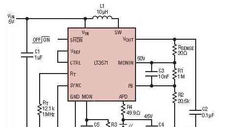 图 3:基于 LT3571 的 5 - 45 V 升压电源电路用于对雪崩光电二极管进行偏置。.png